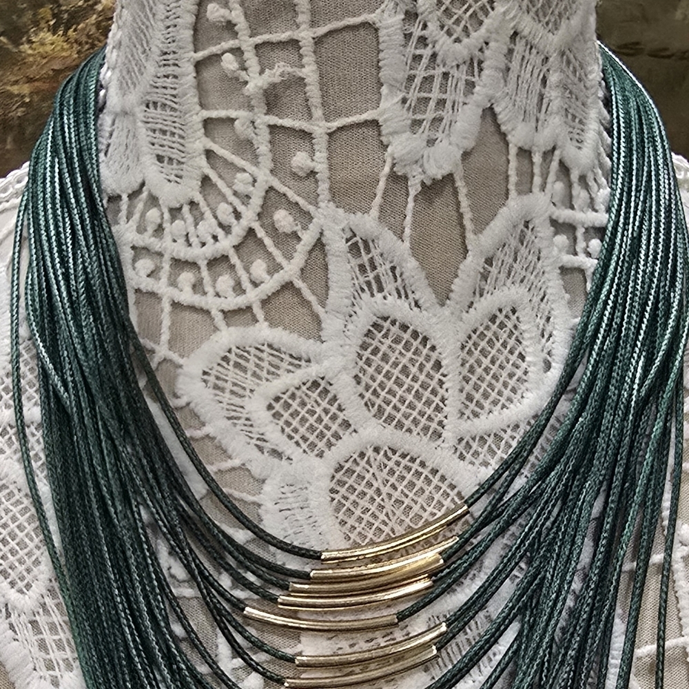 FREE with Purchase - Multi Layered Green Faux Leather And Gold Tube Necklace - Picture 6 of 8